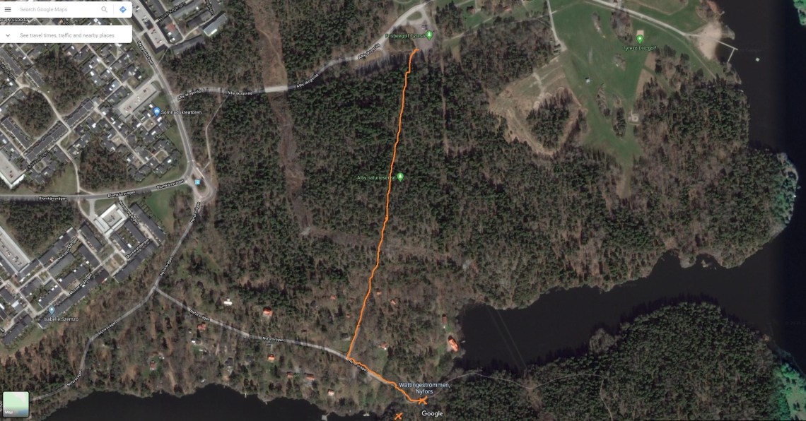 Skiss över turen. Start längst i norr vid Alby skogsväg.